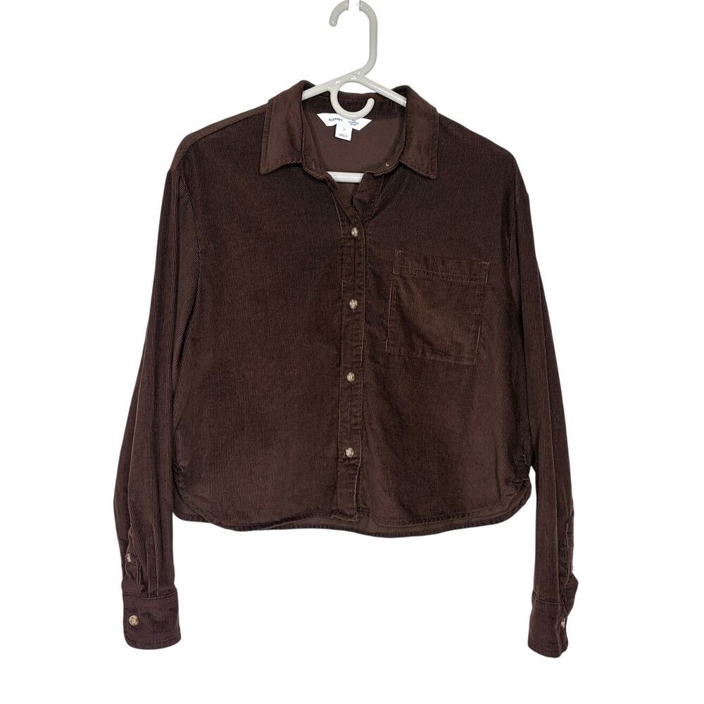 Old Navy Cropped Button-Down Corduroy Shirt Women's Sz S Earthen Choc Brown Boho